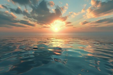 Spectacular ocean sunrise with sky reflecting in calm water, abstract seascape - Digital 3D illustration - obrazy, fototapety, plakaty