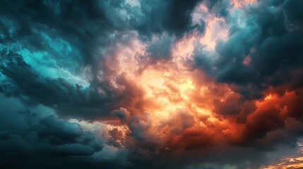 Dramatic stormy sky with dark clouds and lightning, sun peeking through, weather background - obrazy, fototapety, plakaty