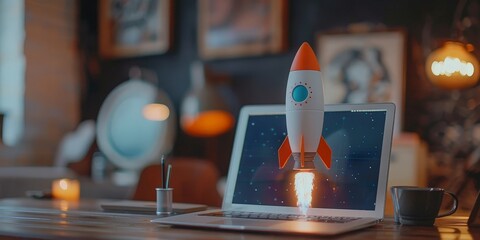 Rocket taking off from laptop on office desk, startup concept