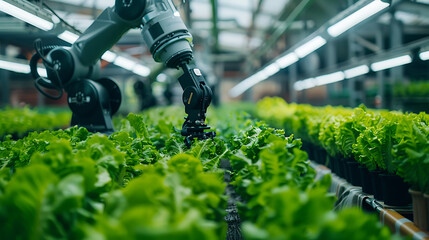Industrial robot arm working in green hydroponic vegetable farm. - obrazy, fototapety, plakaty
