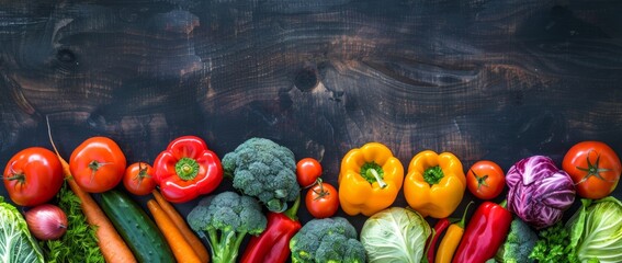 Vegetables and fruit background. A colorful display of fresh vegetables and fruits on a dark wood...