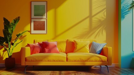 Colorful Modern Home Interior: Sofa Wall Mockup Template