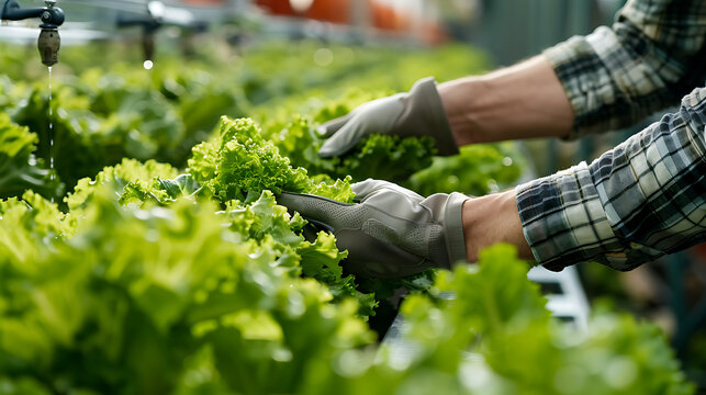 a person in gloves is picking lettuce from a cart.