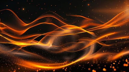 Dynamic orange and black waves, rough grainy texture, abstract background with shining light and copy space, digital art