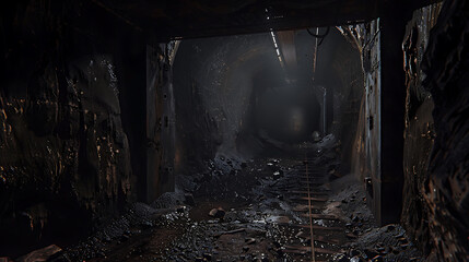 Abandoned mine. Dark underground tunnel. - obrazy, fototapety, plakaty