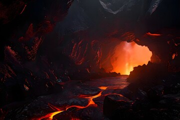 volcano with eruption and magma flow - obrazy, fototapety, plakaty