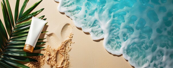 Sunscreen tube on sandy beach with tropical sea.. Sunscreen protection cream over beach with palm...