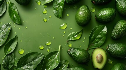 Top view of fresh avocados with leaves on a green background, flat lay, top view pattern concept. Flat lay of avocado fruits with water drops. avocados arranged on a green background