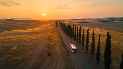 Obraz premium Aerial view of a truck on a road during sunset