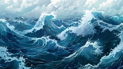 Dynamic ocean waves illustration. Digital art of turbulent sea. Nautical and marine concept for design and print.