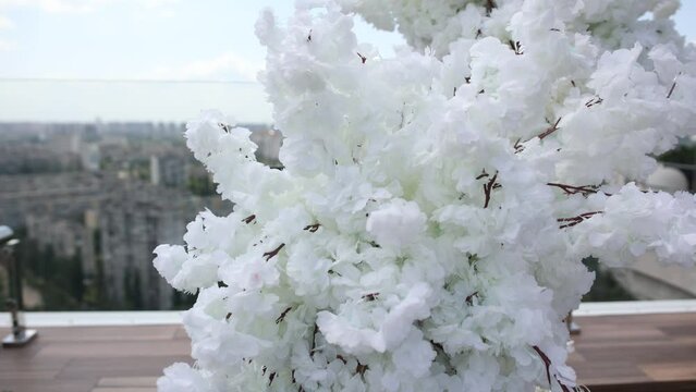 arch made of white flowers for a wedding ceremony on the roof in summer