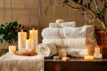 Pile of white towels on the table in a Spa