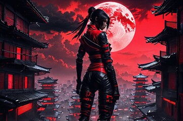 A woman in a red outfit with a red hood is standing in front of a city with buil