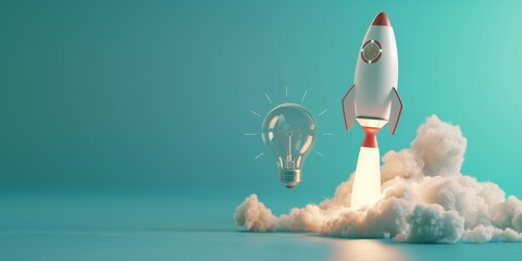 Rocket taking off and light bulb on blue background, startup ideas concept	