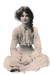 Vintage photo of a sitting woman in white dress isolated image
