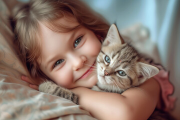 At home, beautiful little girl smiles a holds cute kitten in her hands AI Generative