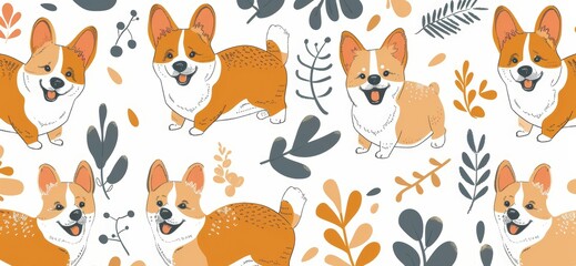 Illustrated corgis with leaves and berries on a light background. Whimsical dog-themed pattern for fabric, stationery, interior decor