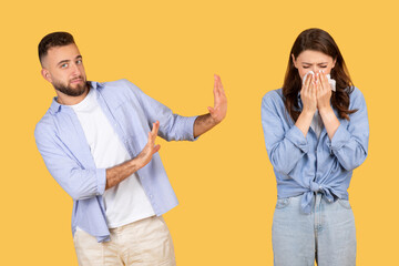 Man rejecting, woman sneezing or crying