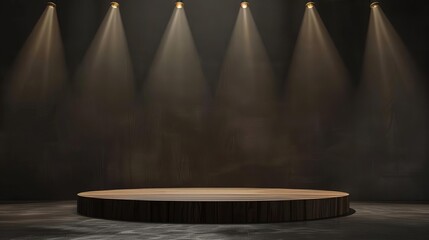Empty wooden product display podium with spotlights, dark abstract background illustration