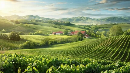 Naklejka premium Enchanting farm landscape with lush agricultural fields and serene countryside vista, photorealistic digital illustration