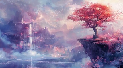 Enchanting fantasy landscape painting, dreamy and surreal atmosphere, tender colors, imaginative concept art