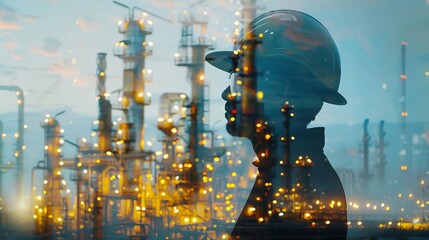 Engineer in Safety Helmet, Double Exposure with Oil Plant, Industrial Concept