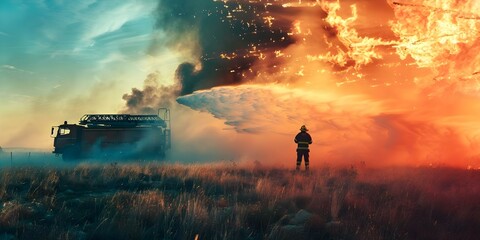 A firefighter bravely extinguishes a large wildfire with a fire truck, highlighting the heroism of emergency responders. Concept Emergency Responders, Wildfire, Firefighter, Heroic Actions