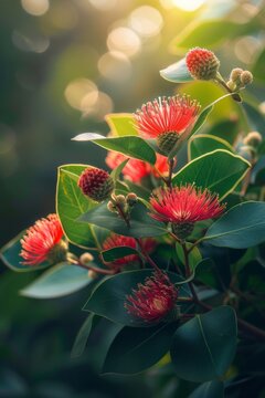 Backlit pohutukawa blooms with radiant red needles and lush greenery