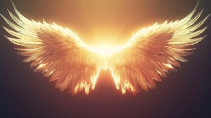 Ethereal and realistic depiction of angelic wings, divine light emanating from the feathers, spiritual concept illustration