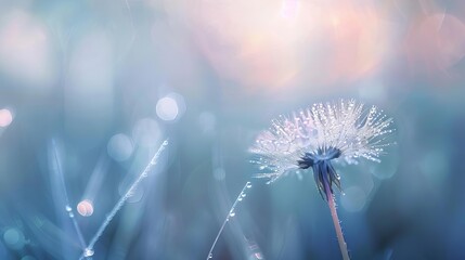 Ethereal dandelion seed with glistening dew drops floating in the air, dreamy macro photography