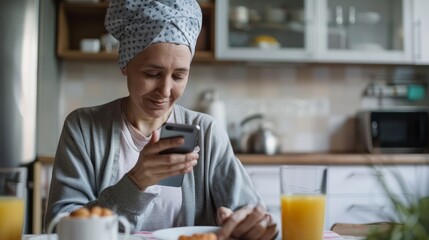 Middle-aged woman enjoying technology during breakfast. Candid indoor shot for lifestyle, health, and modern communication design