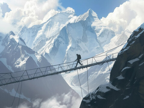 Fototapeta Adventurer Traversing an Alpine Rope Bridge
