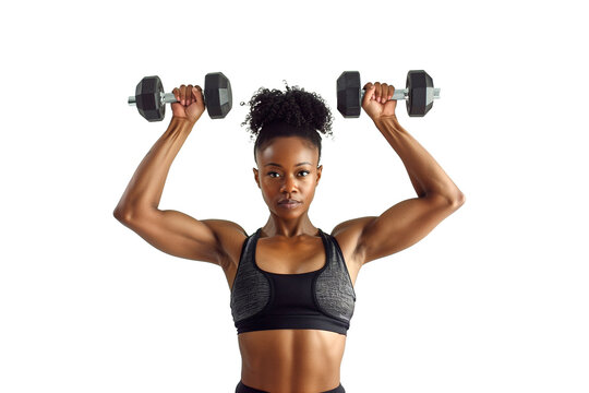 Sporty woman with dumbbells on white background.