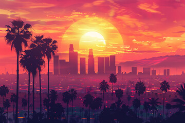 The city awakens as a gigantic sun rises behind it, illuminating the sky in vibrant shades of orange and pink, with silhouettes of palm trees swaying in the gentle morning breeze. - obrazy, fototapety, plakaty