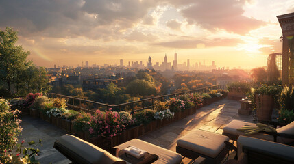 From a rooftop garden, the view stretches across the city, with the massive sun beginning to dip below the skyline, bathing everything in a soft, golden light, perfect for summer evenings.