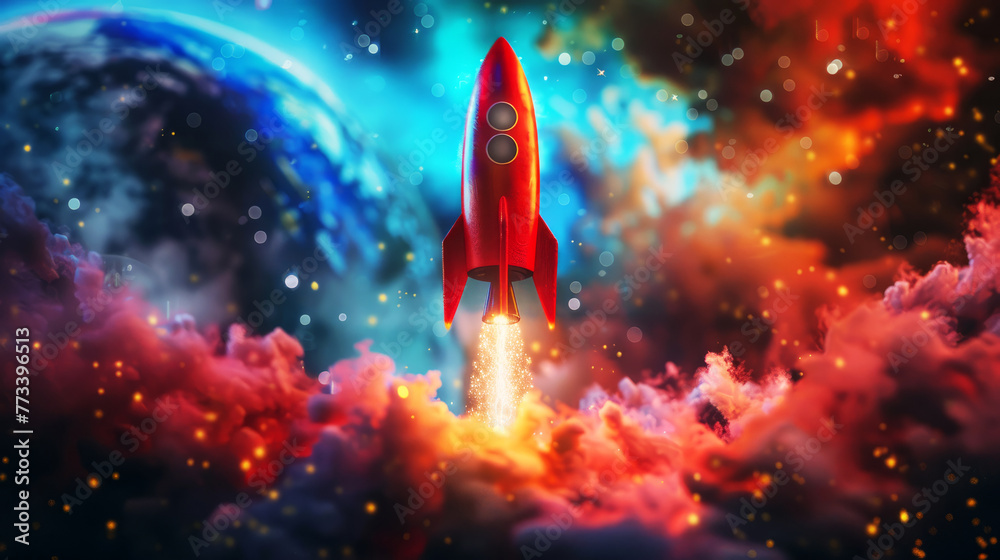 Wall mural launch of a red toy rocket on colorful space background,