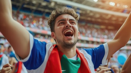 A happy fan at a public event in a stadium, holding an Italian flag with a smile and making a gesture, while enjoying the fun and leisure with a cheering crowd. AIG41