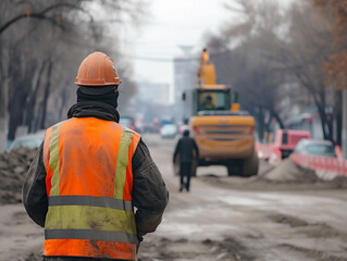 Construction Worker Overseeing Roadworks - obrazy, fototapety, plakaty