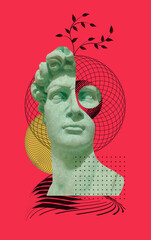 Collage with antique sculptures as human face in pop art style. Modern creative concept image with ancient statue head. Contemporary art poster