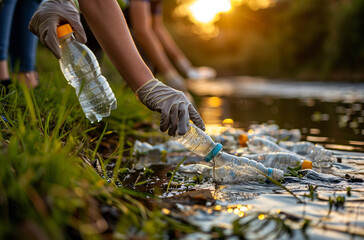 Close up of man hand picking up plastic bottle from river, ecology and volunteering concept. AI. - obrazy, fototapety, plakaty
