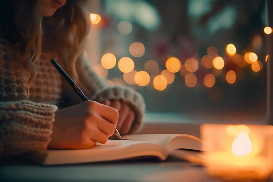 Woman in cozy sweater writing in journal by candlelight with warm bokeh lights