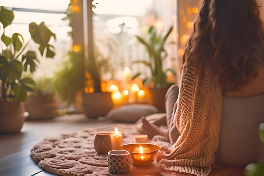 Cozy home atmosphere with a woman relaxing with candles and a warm drink