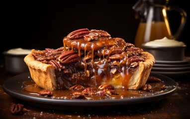 Pecan pie topped with caramel and pecans - obrazy, fototapety, plakaty