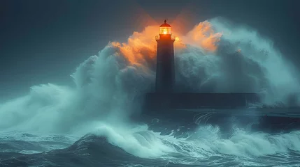 Gordijnen a lighthouse with a large wave crashing © liam