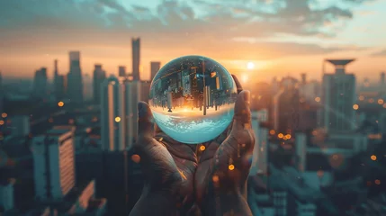 Foto op Plexiglas Human hand holding glass ball with cityscape and sunset sky background. AI. © Alex Alex