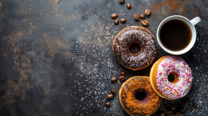 Assorted donuts with coffee on a dark rustic background sprinkled with powdered sugar. Breakfast concept - obrazy, fototapety, plakaty