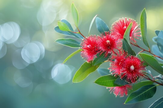 Backlit pohutukawa blooms with radiant red needles and lush greenery
