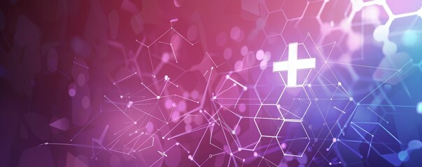 Abstract healthcare network background with purple and white gradient and cross symbol. Medical technology and research concept