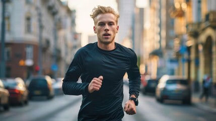 Active man running on city street during the day. Fitness and healthy lifestyle concept. Suitable for sports apparel advertising, fitness blogs, and urban lifestyle editorials - obrazy, fototapety, plakaty