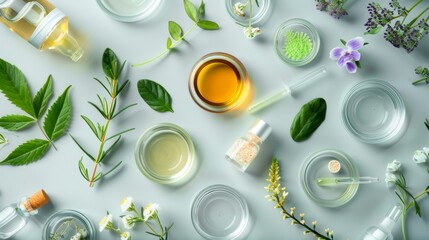 Assortment of botanical extracts and essential oils for natural cosmetics. Flat lay composition with copy space
